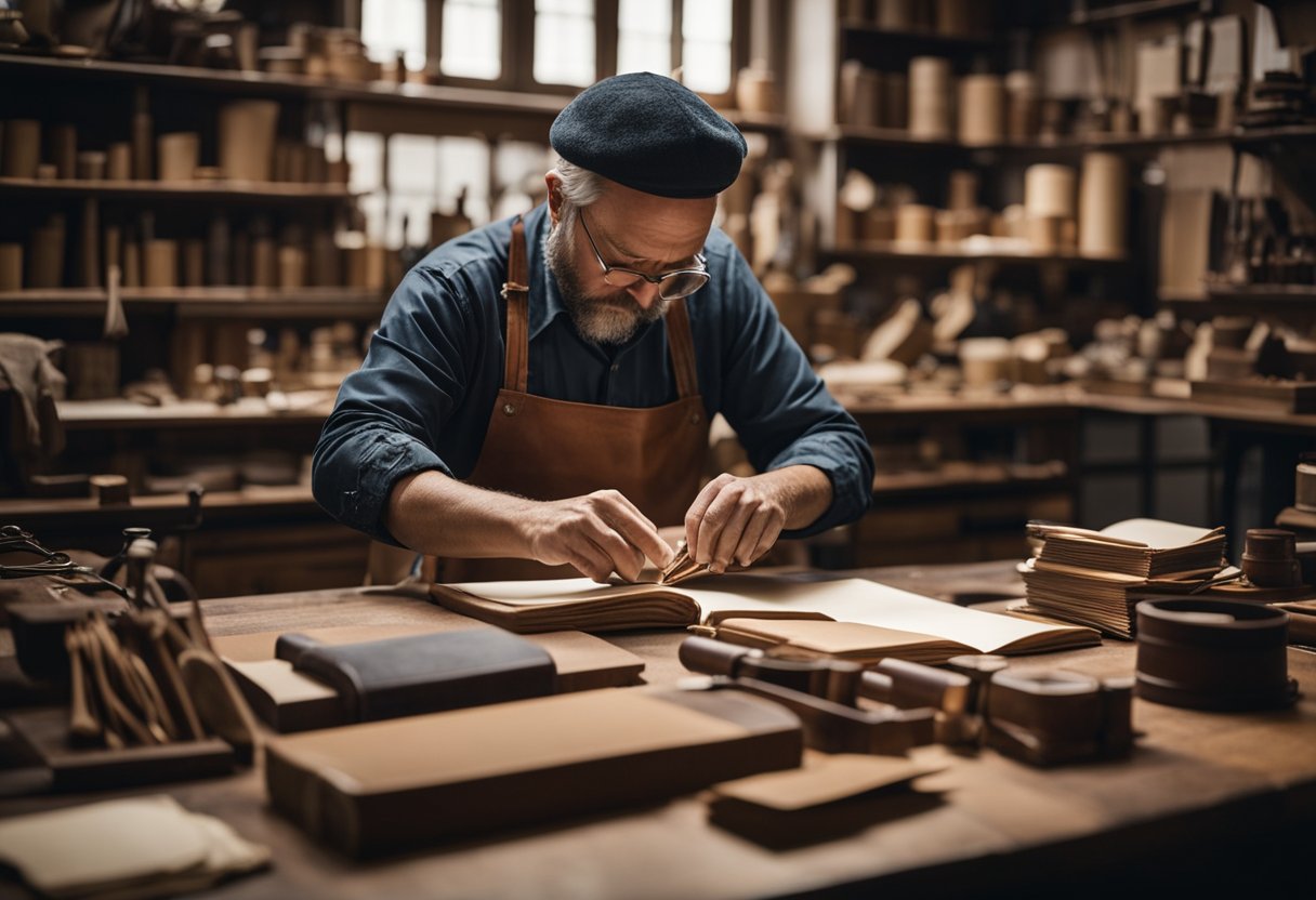 A bookbinder carefully glues and sews together pages, surrounded by traditional tools and materials. The workshop is filled with the scent of leather and paper, as the artisan embraces the future with traditional skills