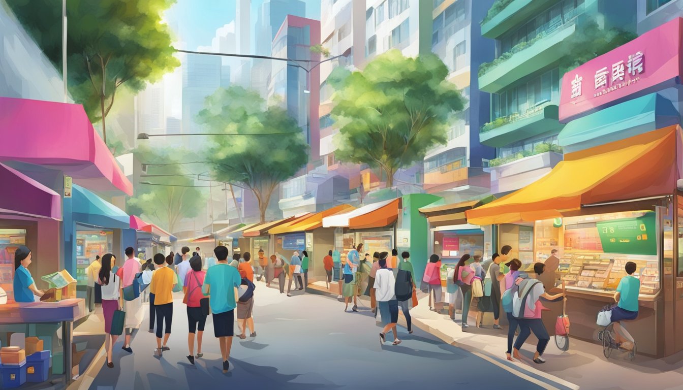 A bustling street in Jurong East, Singapore, with colorful currency exchange booths and people exchanging money. The vibrant atmosphere reflects the diverse international community in the area