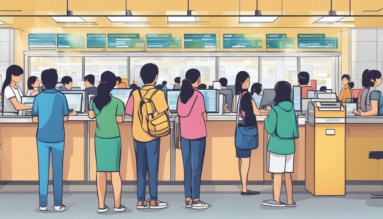 A bustling money exchange office in Jurong East, Singapore, with customers lining up to utilize convenient money transfer services