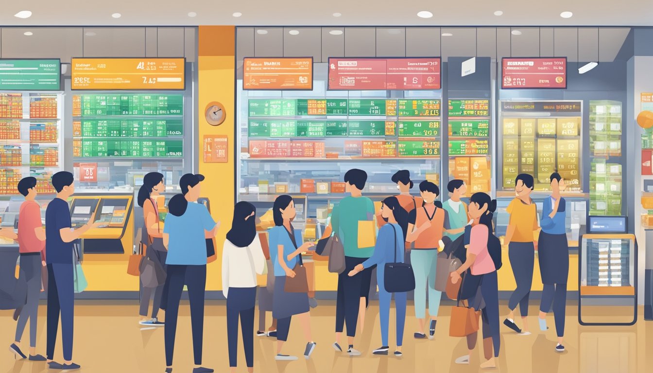 A bustling money exchange in Jurong East, Singapore, with customers comparing rates and exchanging currency at the best rates available