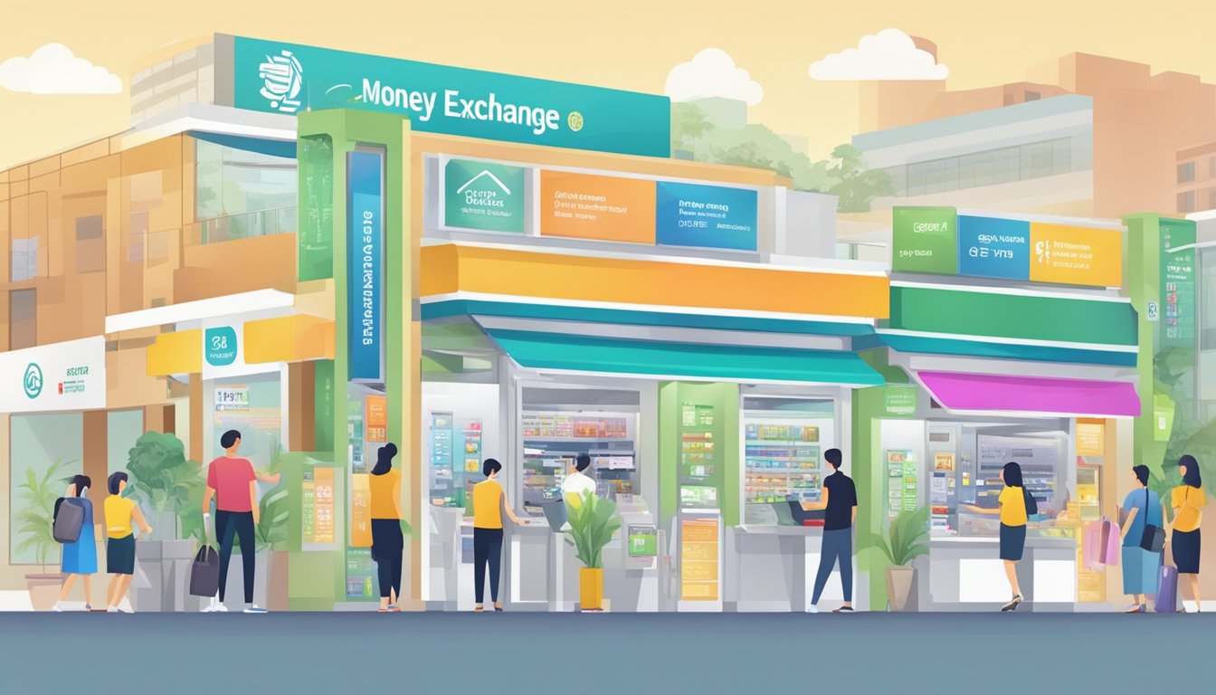 A bustling money exchange center in Jurong East, Singapore, with various services and benefits displayed prominently