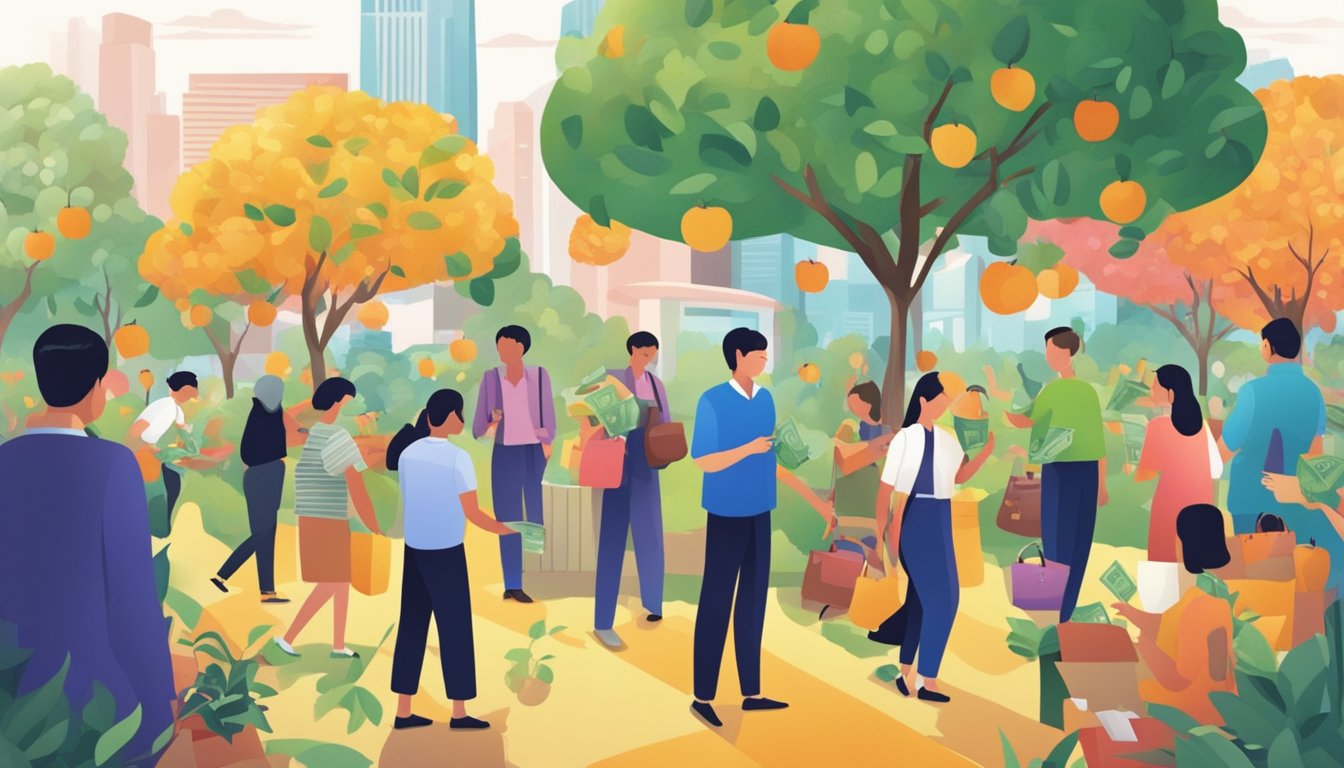People exchanging money in a bustling orchard in Singapore. The scene is filled with vibrant colors and diverse individuals engaging in financial transactions