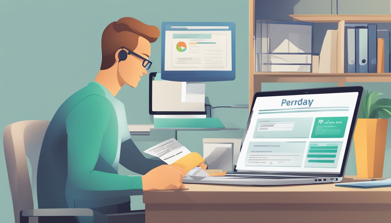 A person filling out a loan application form at a desk with a computer and documents. Two options are displayed: "Personal Loan" and "Payday Loan."