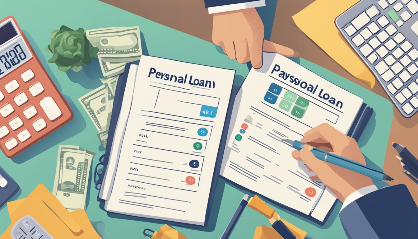 A person weighing the pros and cons of a personal loan vs a payday loan, with a calculator and financial documents spread out on a table