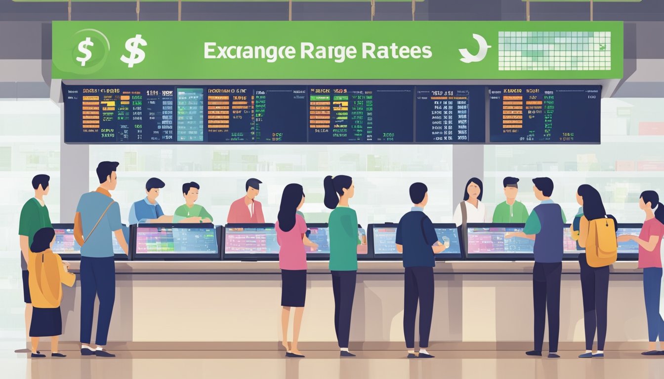 A bustling money exchange in Orchard, Singapore, with bright digital screens displaying the best exchange rates for various currencies. Customers line up eagerly, while staff members work efficiently behind the counters