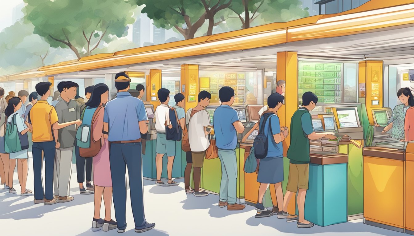 A bustling money exchange booth in Orchard, Singapore, with colorful currency displays and a line of travelers waiting for service