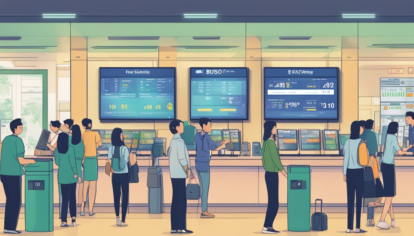 A bustling money exchange in Orchard, Singapore, with customers and staff interacting at counters and digital screens displaying rates