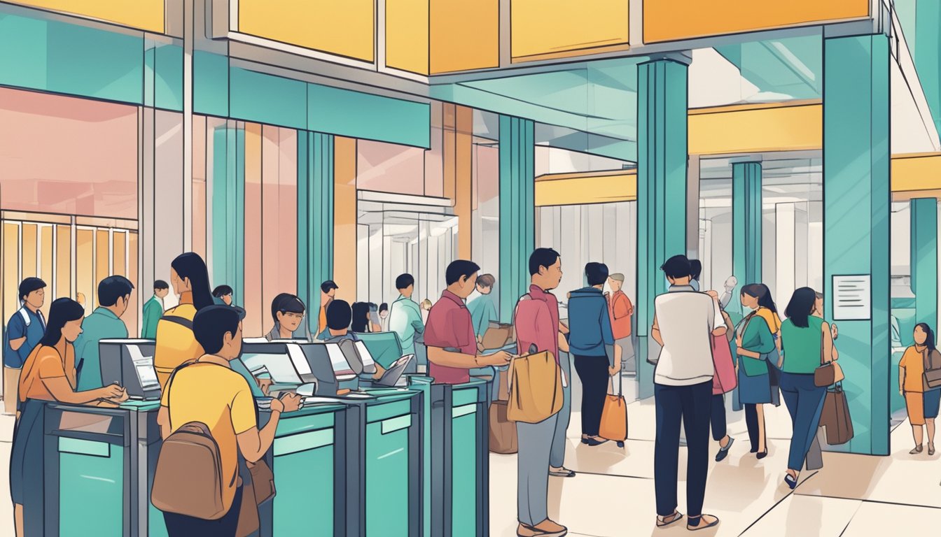 People exchange money in bustling Raffles Place, Singapore. Currency and documents pass between hands at various booths and counters