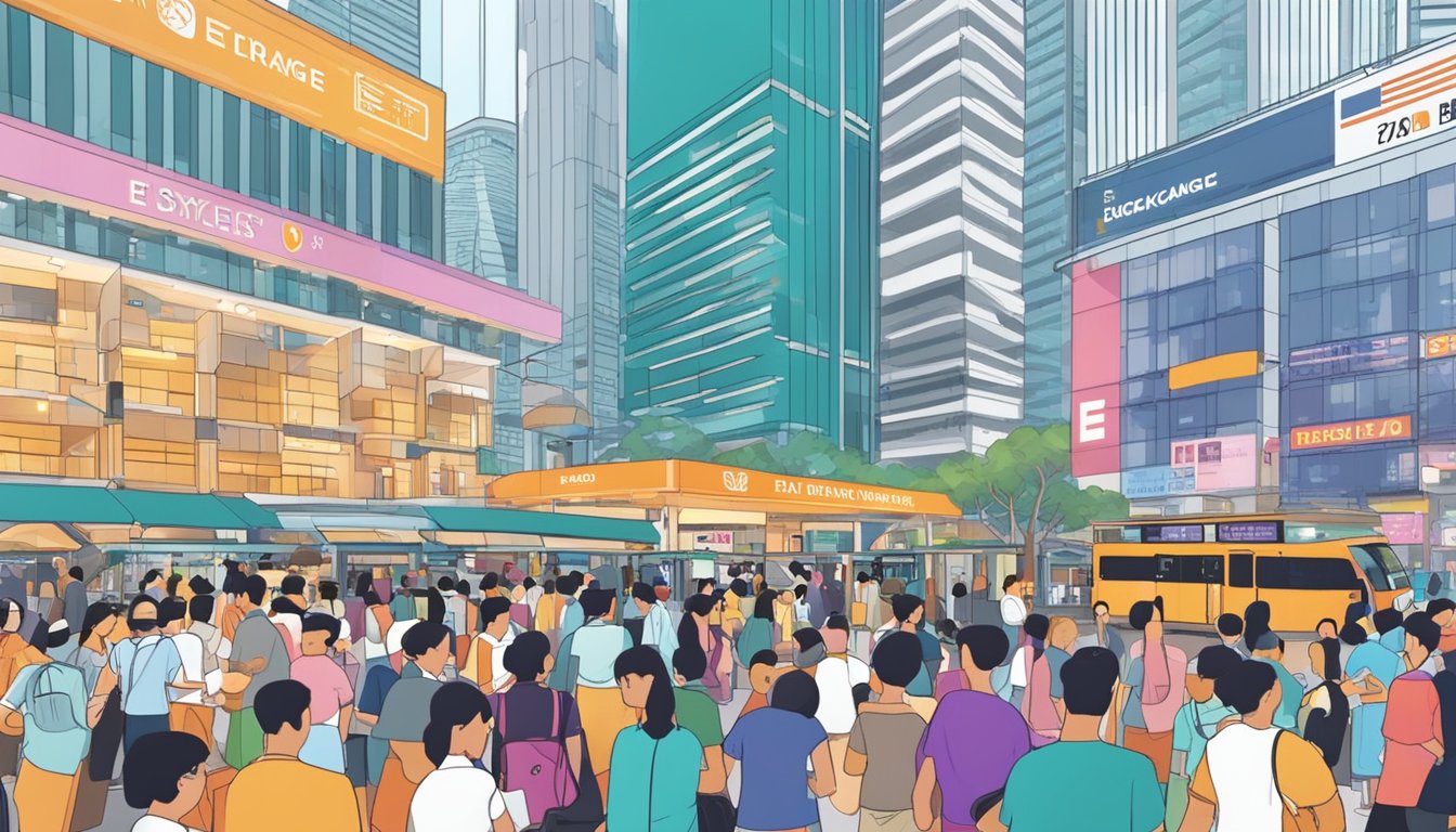 People exchanging currency at bustling Raffles Place, Singapore. Skyscrapers and busy streets surround the area. Brightly lit signs advertise various exchange rates