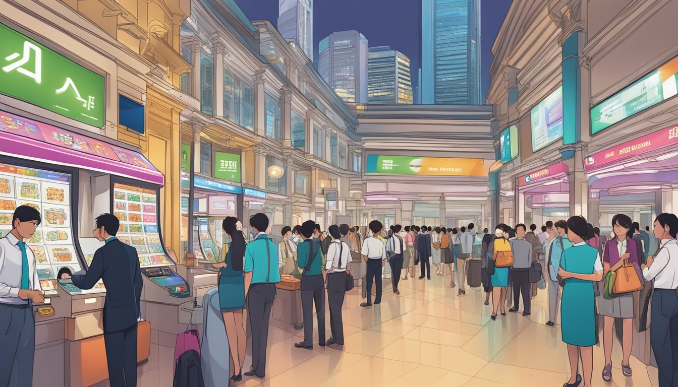 The bustling Arcade at Raffles Place, Singapore, with currency exchange booths, digital displays, and people in business attire