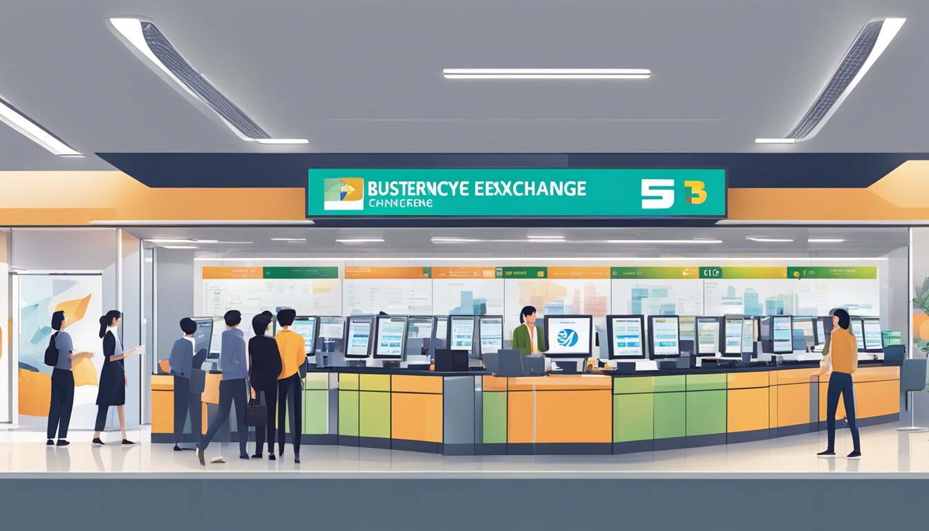 A bustling currency exchange office in Raffles Place, Singapore. Multiple currency exchange counters with digital rate displays and a steady flow of customers