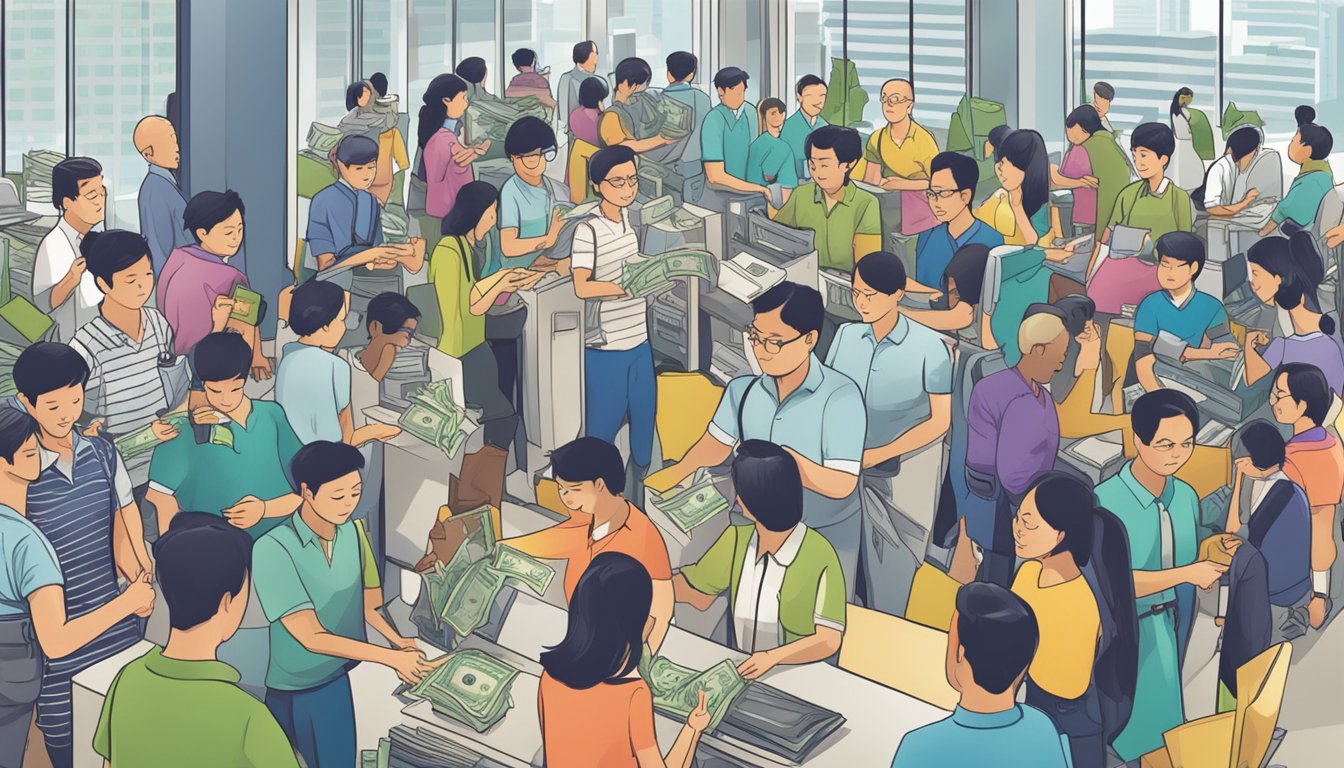 People exchanging money at a busy financial services center in Raffles Place, Singapore