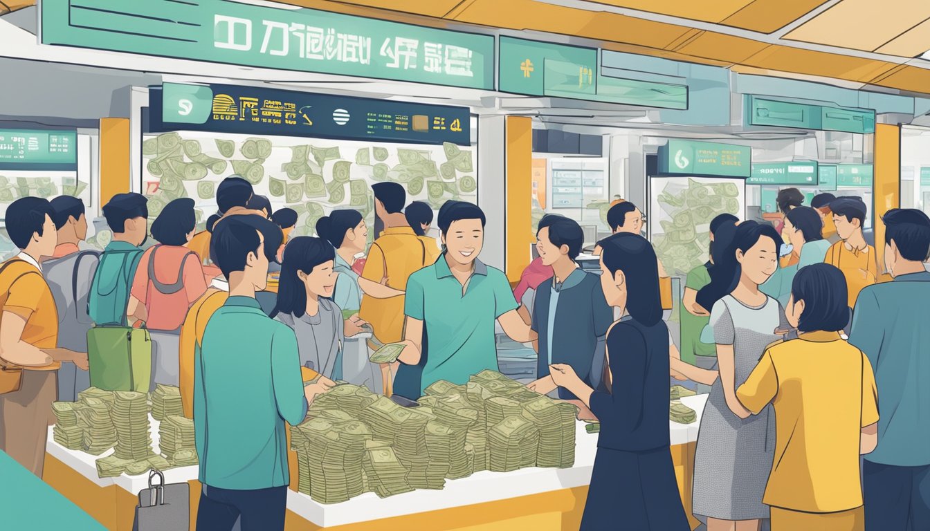 People exchanging money at a bustling money exchange booth in Raffles Place, Singapore. Currency signs and exchange rates displayed prominently