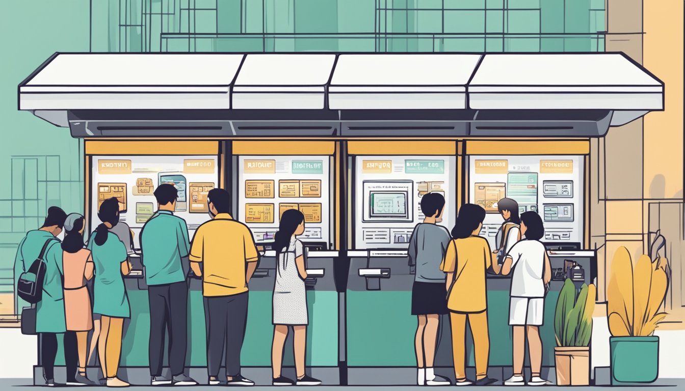 People line up at money exchange booths in Raffles Place, Singapore, with signs displaying "Frequently Asked Questions" prominently
