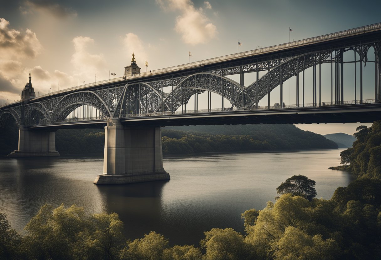 Bridges as Cultural Icons: Celebrating Their Architectural Splendour and Ingenious Design - A majestic bridge spans a river, showcasing its architectural beauty and engineering marvel. The intricate details and grand scale make it a cultural icon