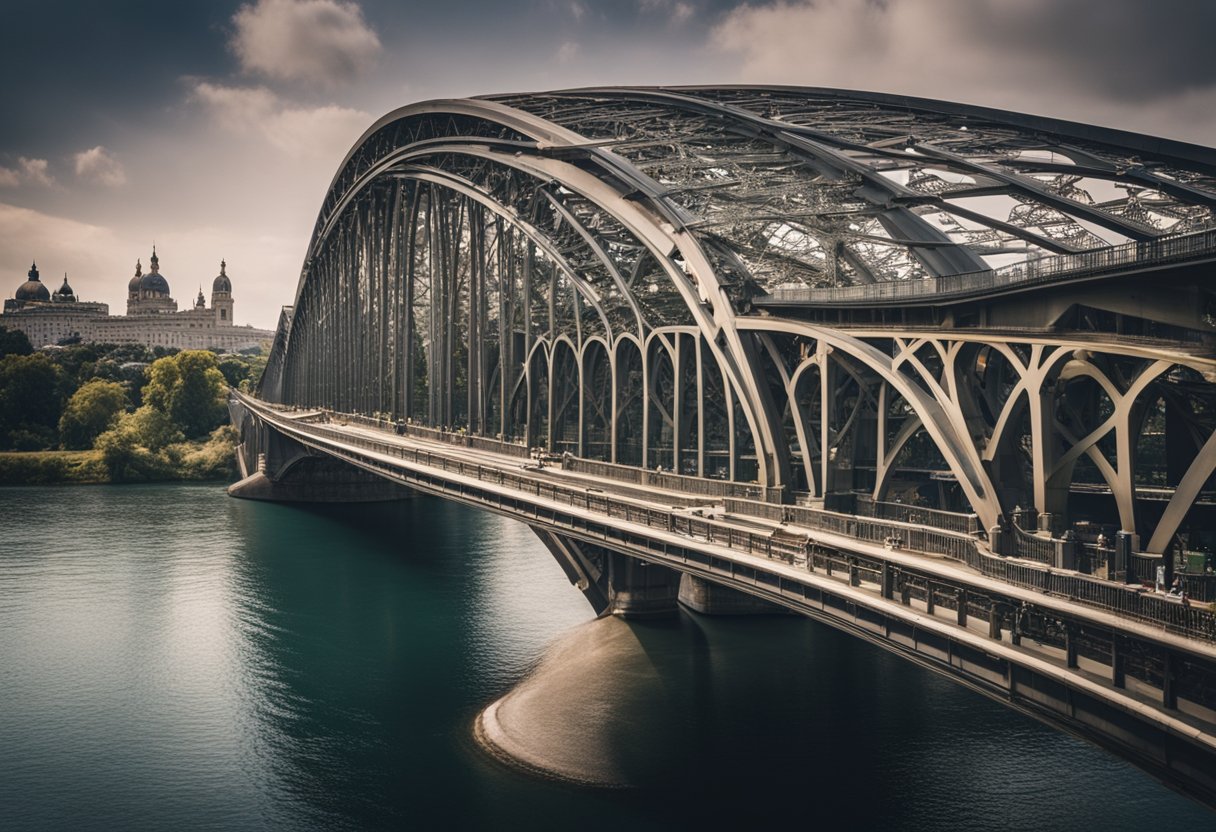 Bridges as Cultural Icons: Celebrating Their Architectural Splendour and Ingenious Design - A grand bridge spans a river, its elegant arches and intricate trusses standing as a testament to human ingenuity and artistic design