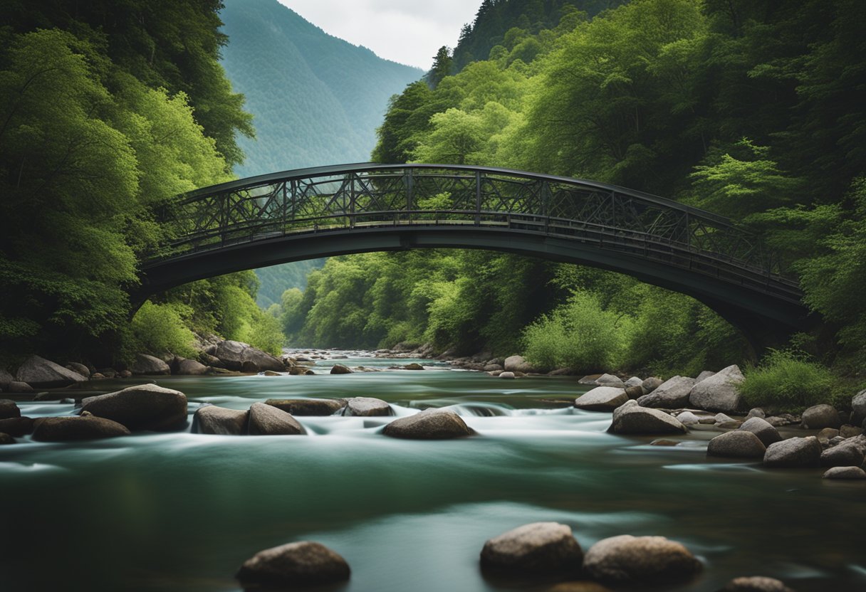 Bridges as Cultural Icons: Celebrating Their Architectural Splendour and Ingenious Design - A majestic bridge spans over a tranquil river, surrounded by lush greenery and towering mountains, showcasing both architectural beauty and engineering marvels