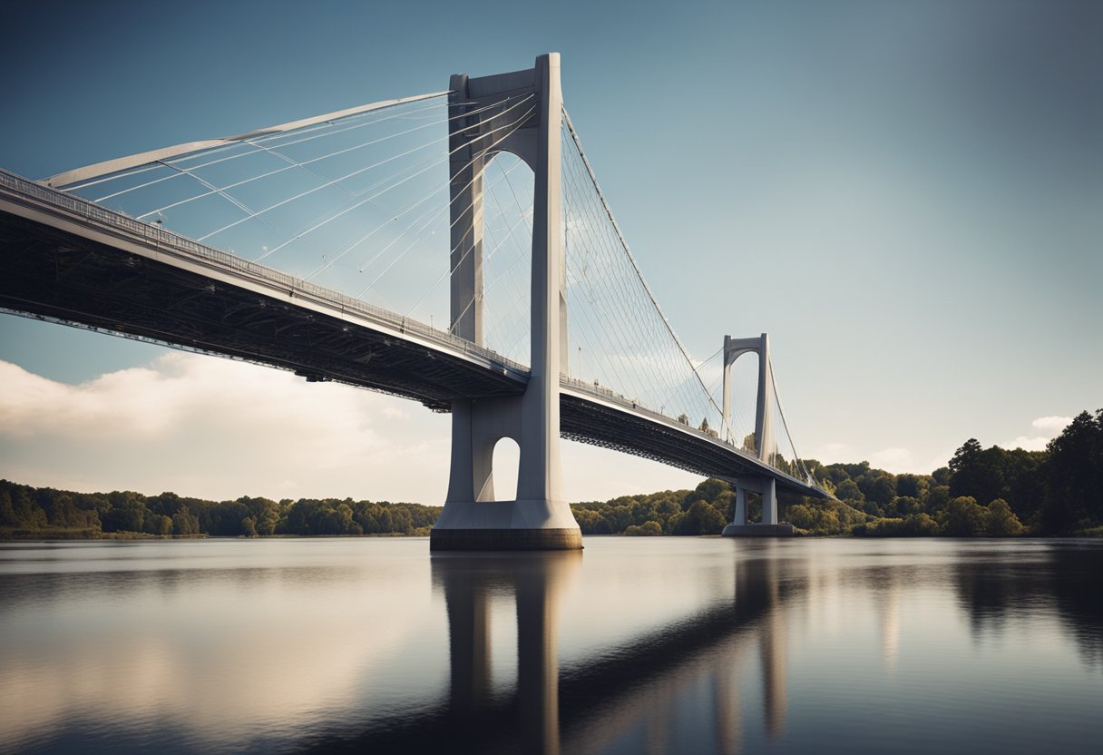 Bridges as Cultural Icons: Celebrating Their Architectural Splendour and Ingenious Design - A modern suspension bridge spans a river, with sleek lines and towering support towers, showcasing the fusion of architectural beauty and engineering marvels