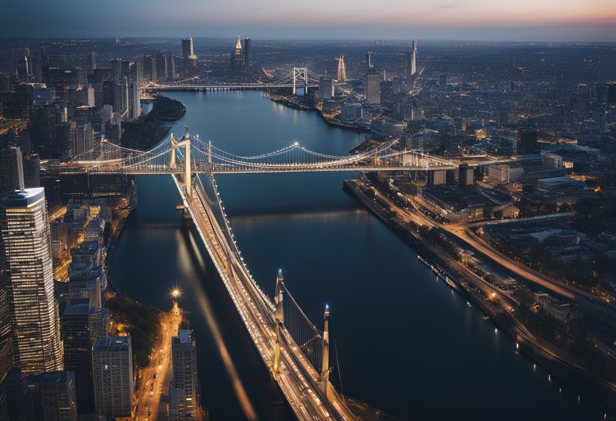 Bridges as Cultural Icons: Celebrating Their Architectural Splendour and Ingenious Design - A city skyline with multiple iconic bridges spanning a river, showcasing their architectural beauty and engineering marvels