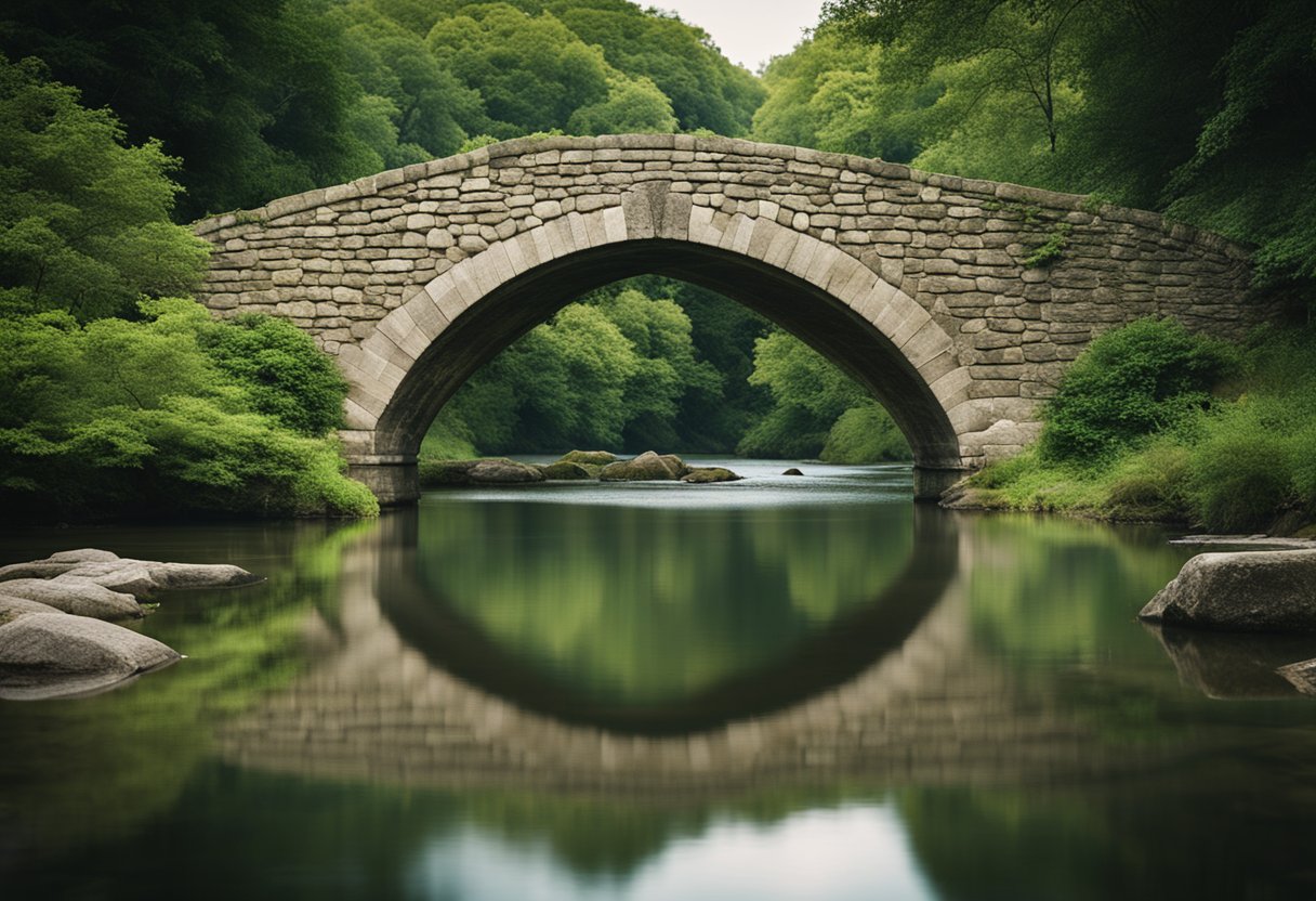 Bridges as Cultural Icons: Celebrating Their Architectural Splendour and Ingenious Design - A stone bridge arches over a tranquil river, surrounded by lush greenery. The intricate details of its design and the strength of its construction are evident, showcasing the bridge's historical and cultural significance
