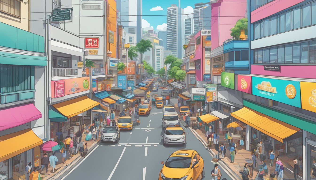 A bustling street in Yishun, Singapore, with colorful money lender signs and busy financial establishments lining the road