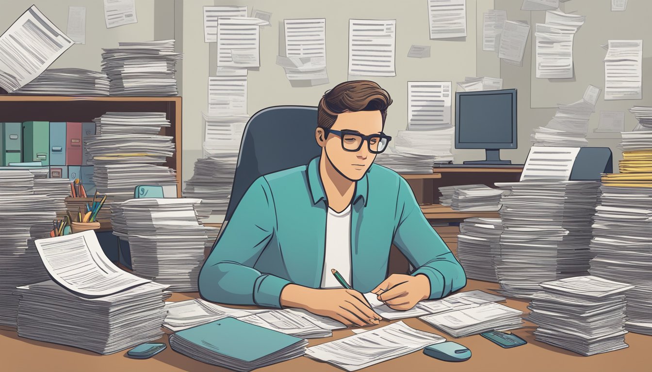 A person sitting at a desk, surrounded by stacks of paperwork and a computer, carefully comparing different moneylenders' terms and conditions