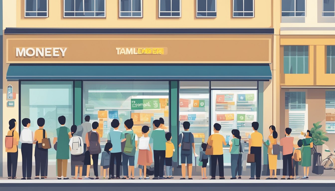 A money lender's sign stands out in front of a busy street in Tampines, Singapore. People line up outside the office, reading FAQ pamphlets
