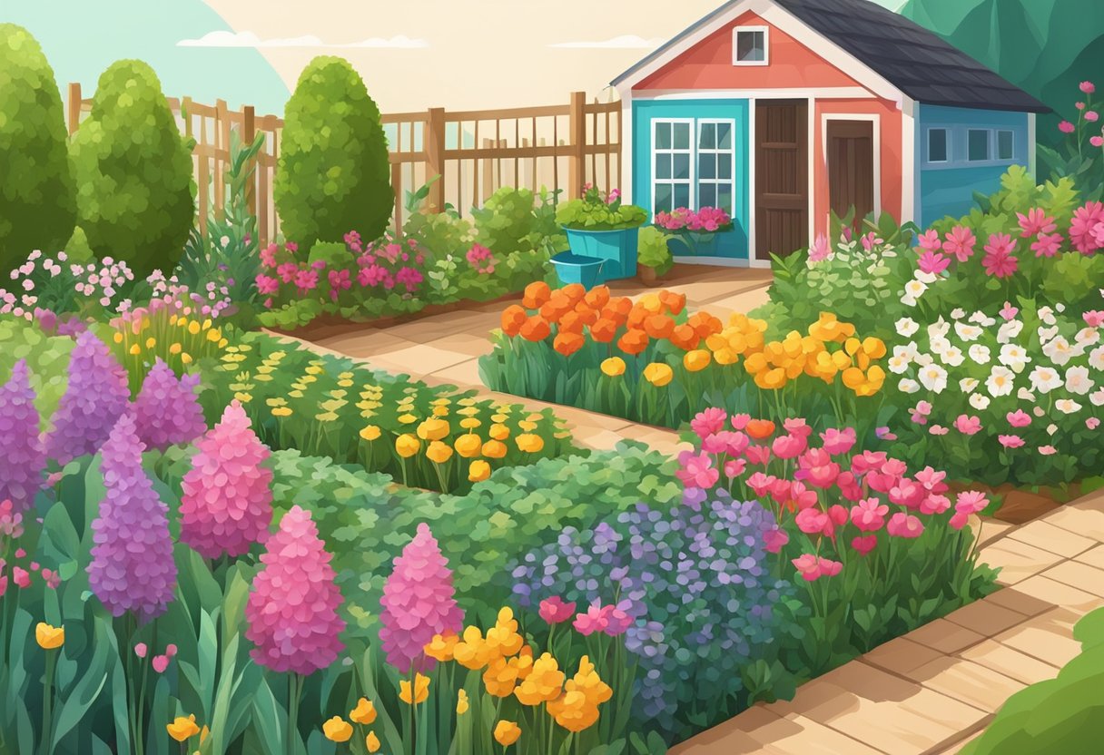 A colorful garden with various plants and flowers arranged in organized rows, with a small shed or gardening tools nearby
