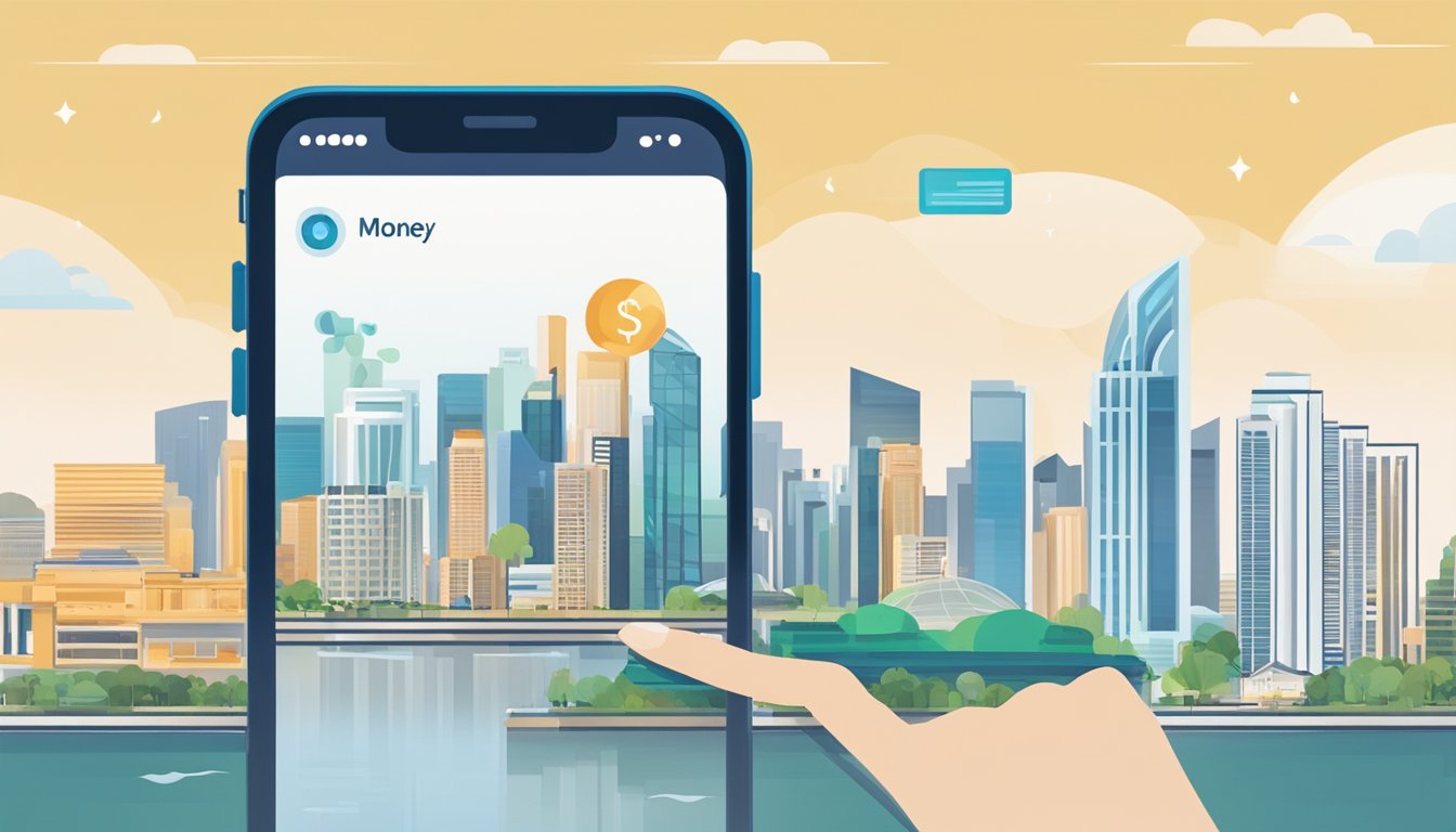 A smartphone displaying a money tracking app with a Singaporean skyline in the background