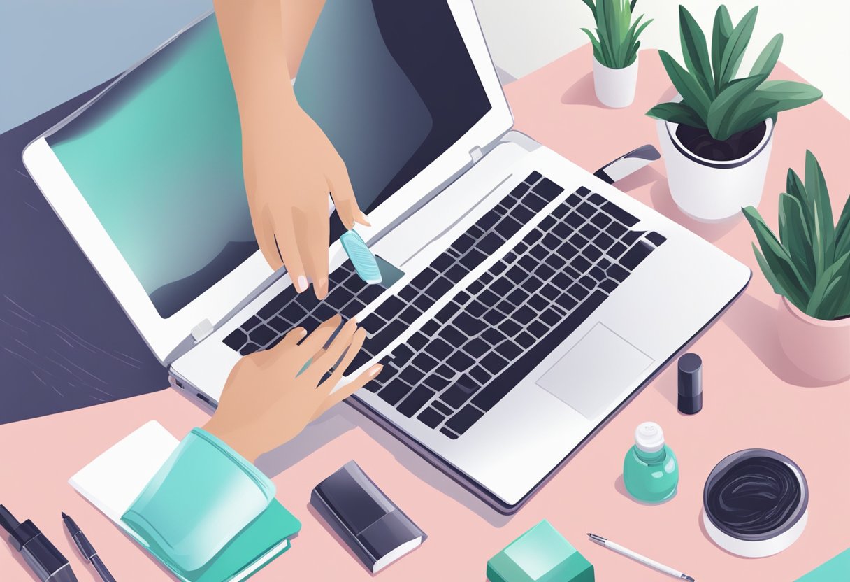 A laptop open on a desk with skincare products, a notebook, and a pen. A person's hand reaching for the laptop, ready to start online beauty consulting