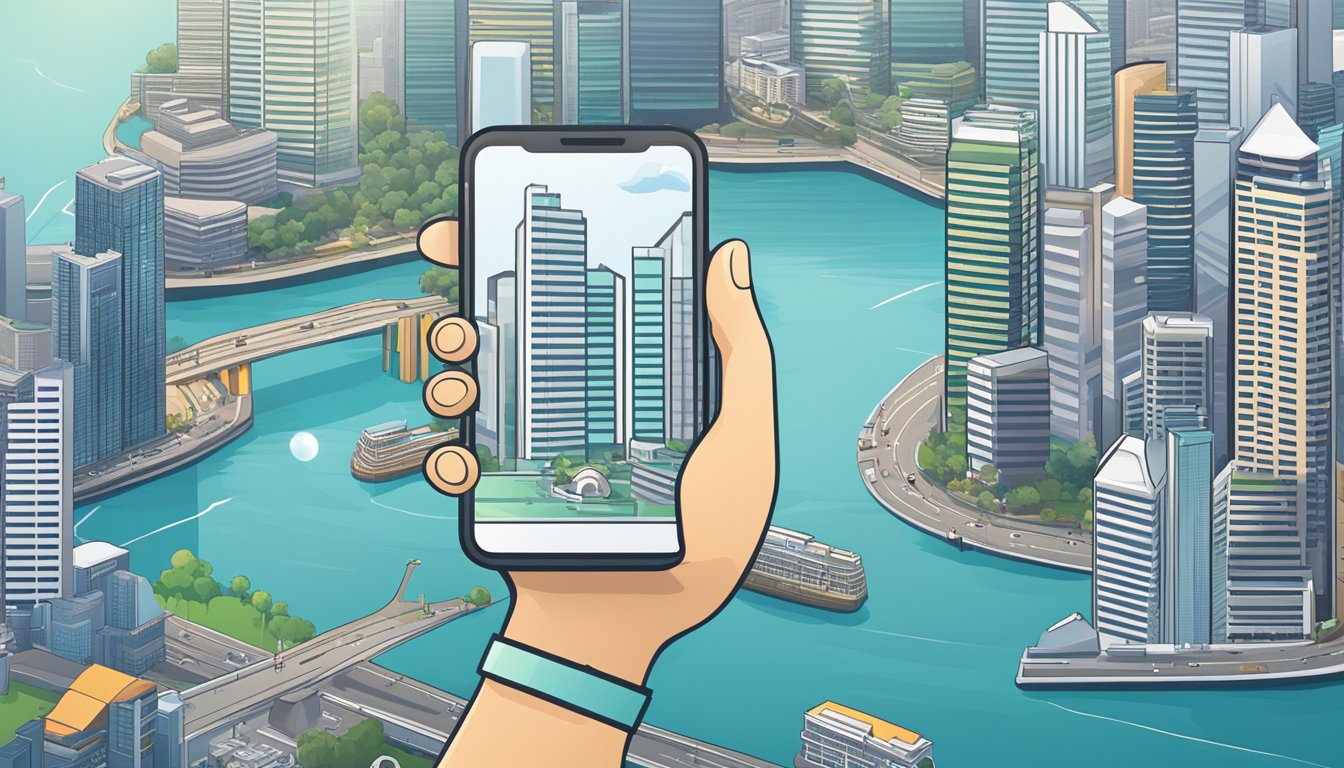 A smartphone displaying a money tracking app with integrated accounts and investment features, set against the backdrop of the Singapore skyline