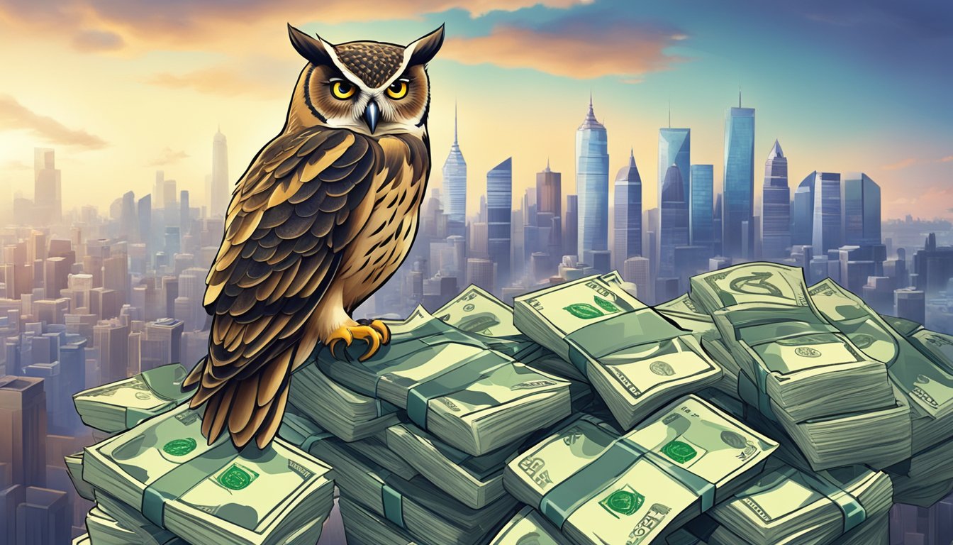 A wise owl perches on a stack of money, with a city skyline in the background