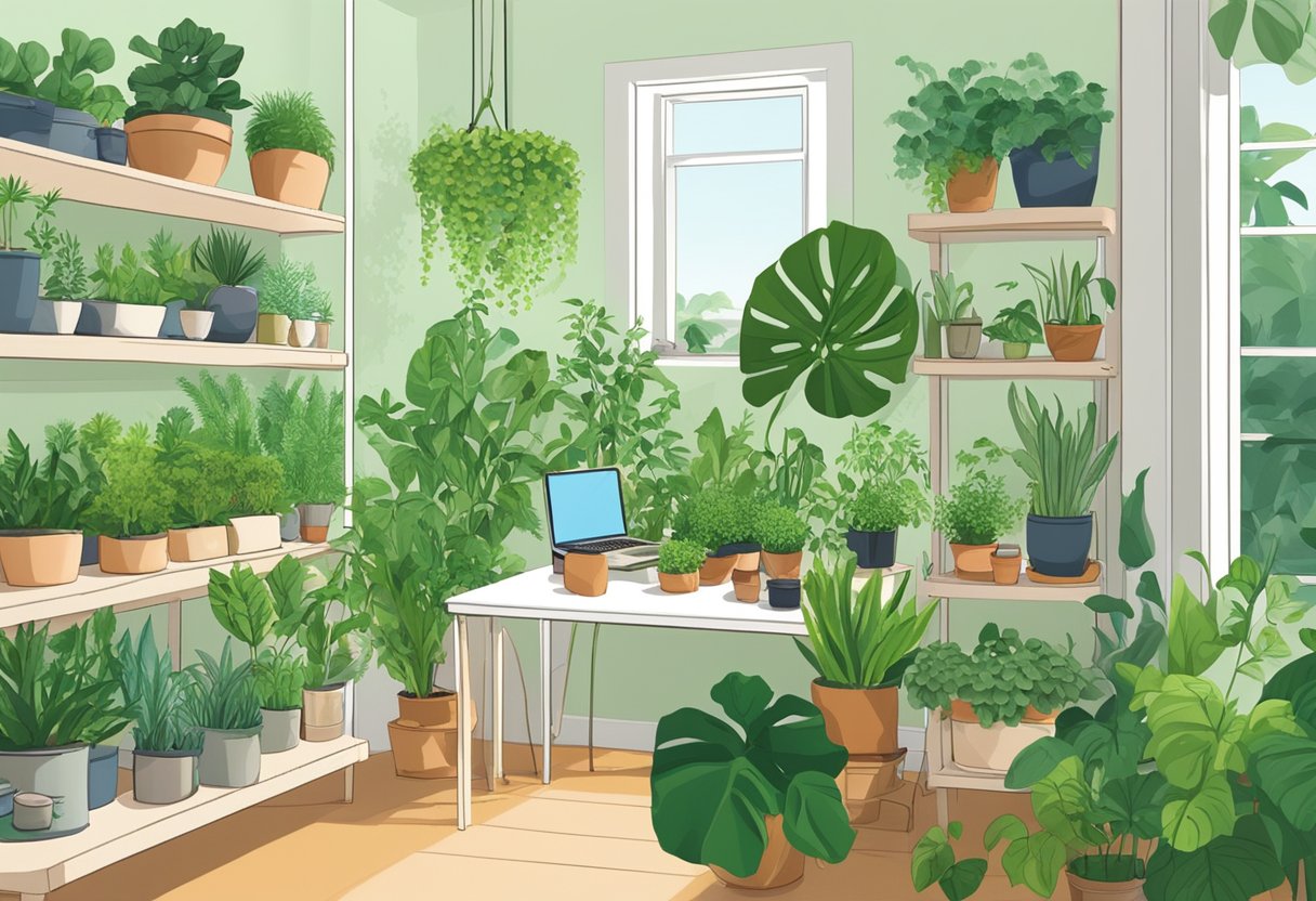Lush green plants fill a sunlit room, pots neatly arranged on shelves. A laptop displays "Indoor Gardening Mastery" website