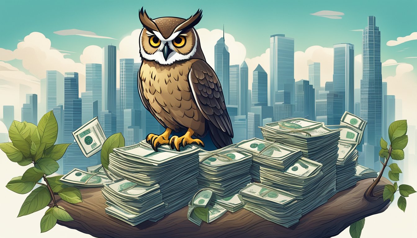 A wise owl perched on a tree branch, surrounded by stacks of money and financial documents, with a city skyline in the background
