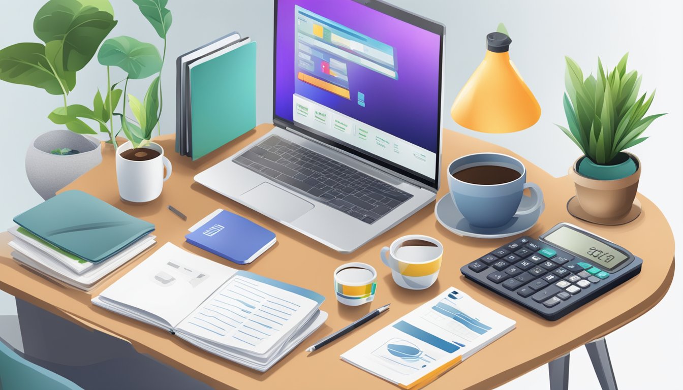 A desk with a laptop, calculator, and financial documents. A MoneyOwl logo on the laptop screen. A cup of coffee and a potted plant on the desk