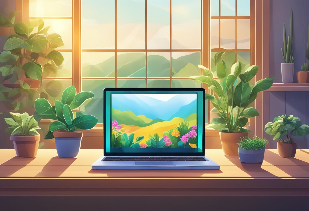 A laptop sits on a wooden table surrounded by potted plants. The screen displays a vibrant digital garden interface. Sunlight streams in through the window, casting a warm glow on the scene