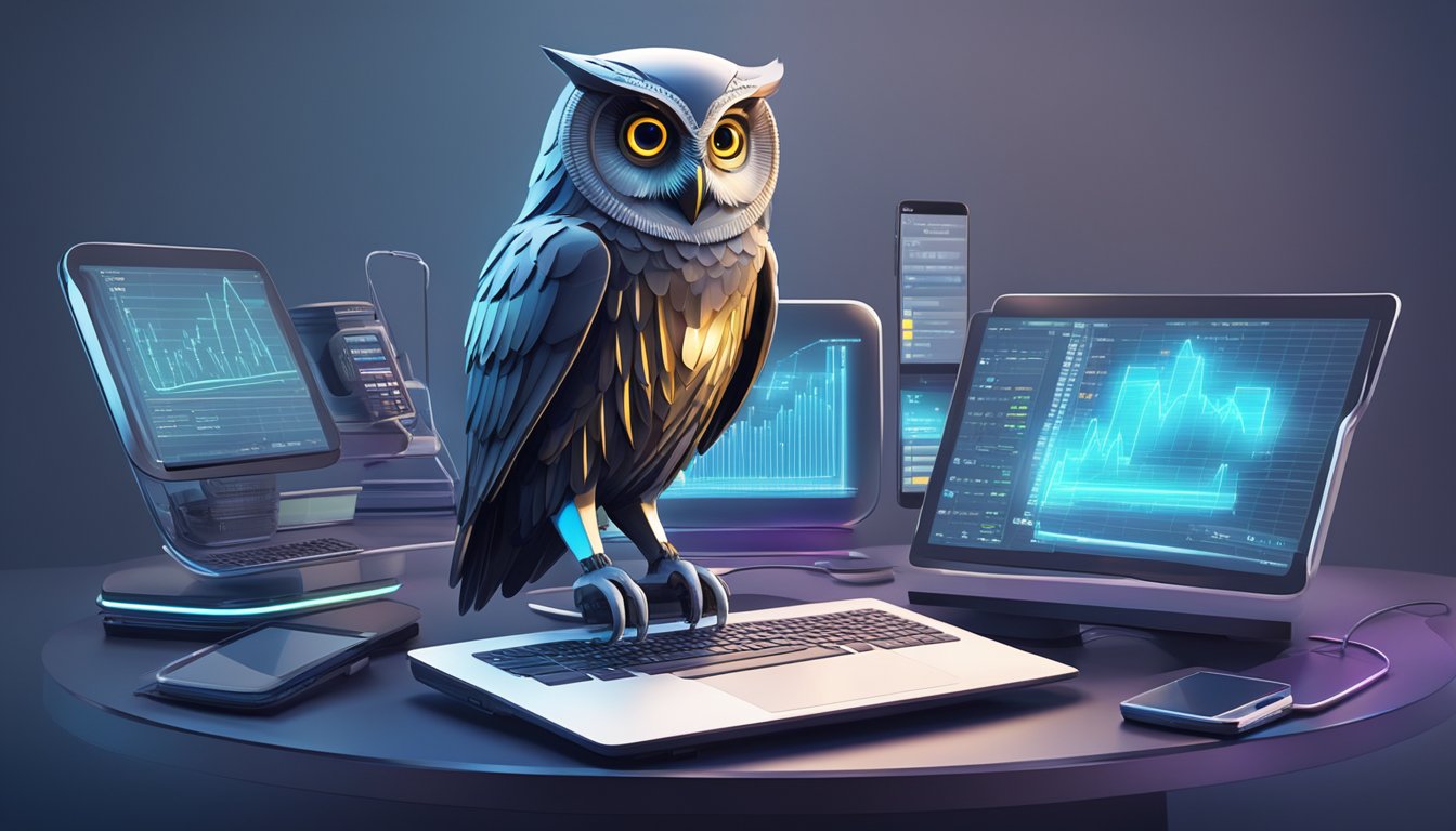 A sleek, modern owl perched on a stack of high-tech gadgets, with a glowing digital display showcasing financial data