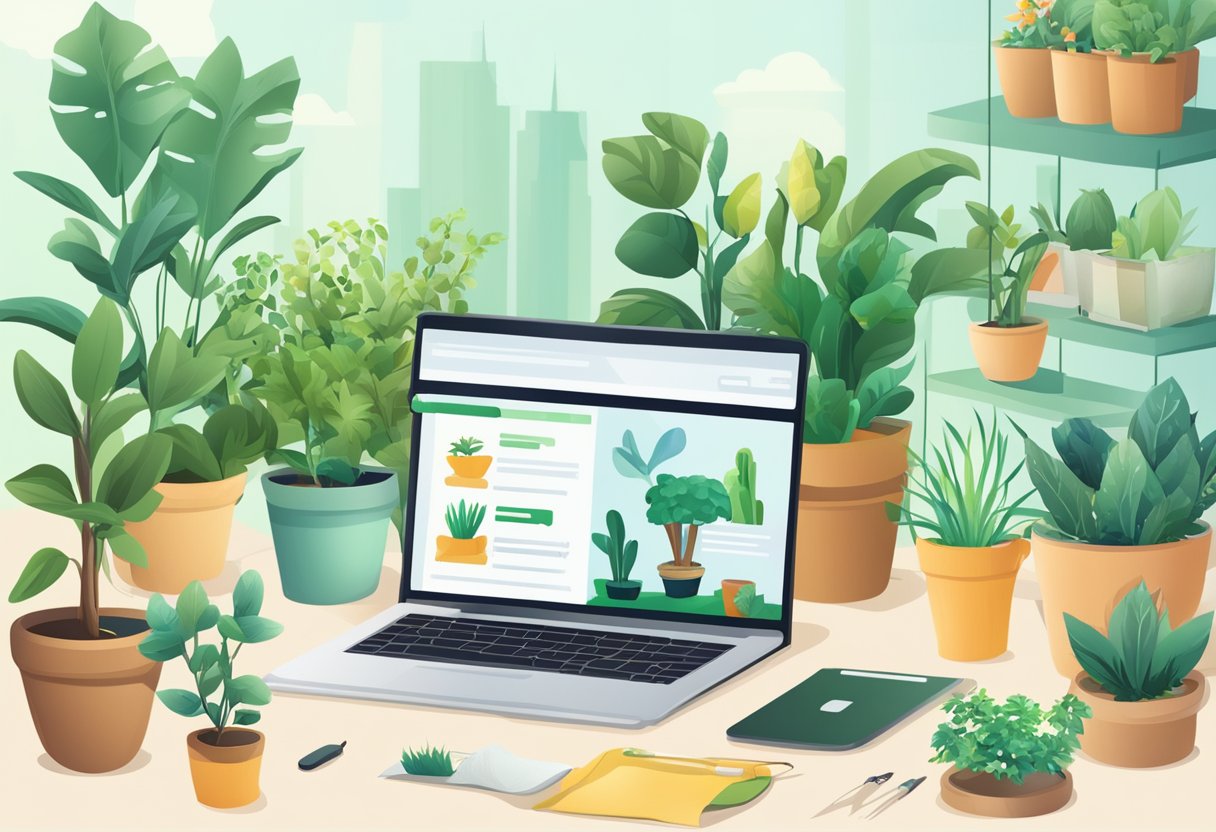 A laptop displaying a gardening website, surrounded by potted plants and gardening tools. A customer service representative is on the screen, ready to assist