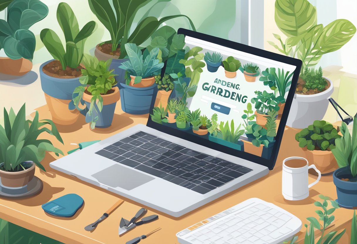 A laptop open on a desk, surrounded by gardening tools and potted plants. A website for online gardening services is displayed on the screen