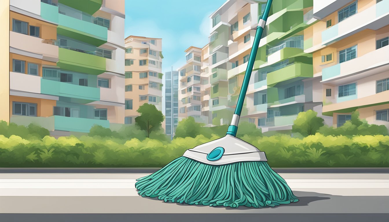 A mop stands in front of a clean HDB apartment in Singapore, symbolizing the act of understanding and maintaining cleanliness