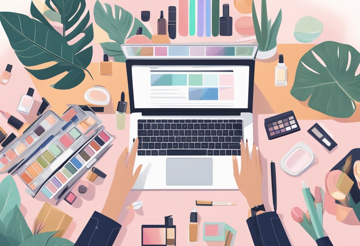 A laptop open on a desk, surrounded by beauty products and a notebook. A person's hand reaching for the laptop, ready to start online beauty consulting