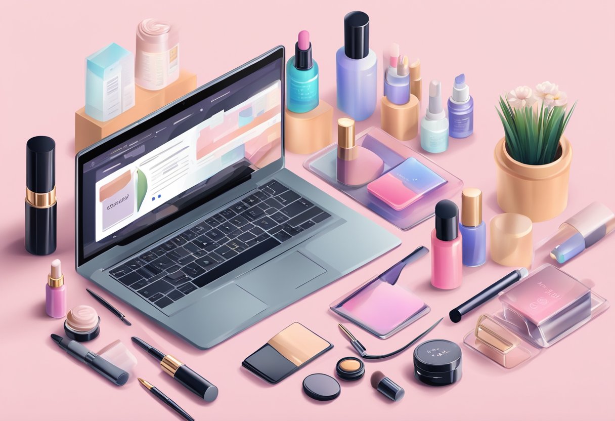 A laptop with a beauty consulting website open, surrounded by makeup products and skincare items. A phone with notifications of client inquiries