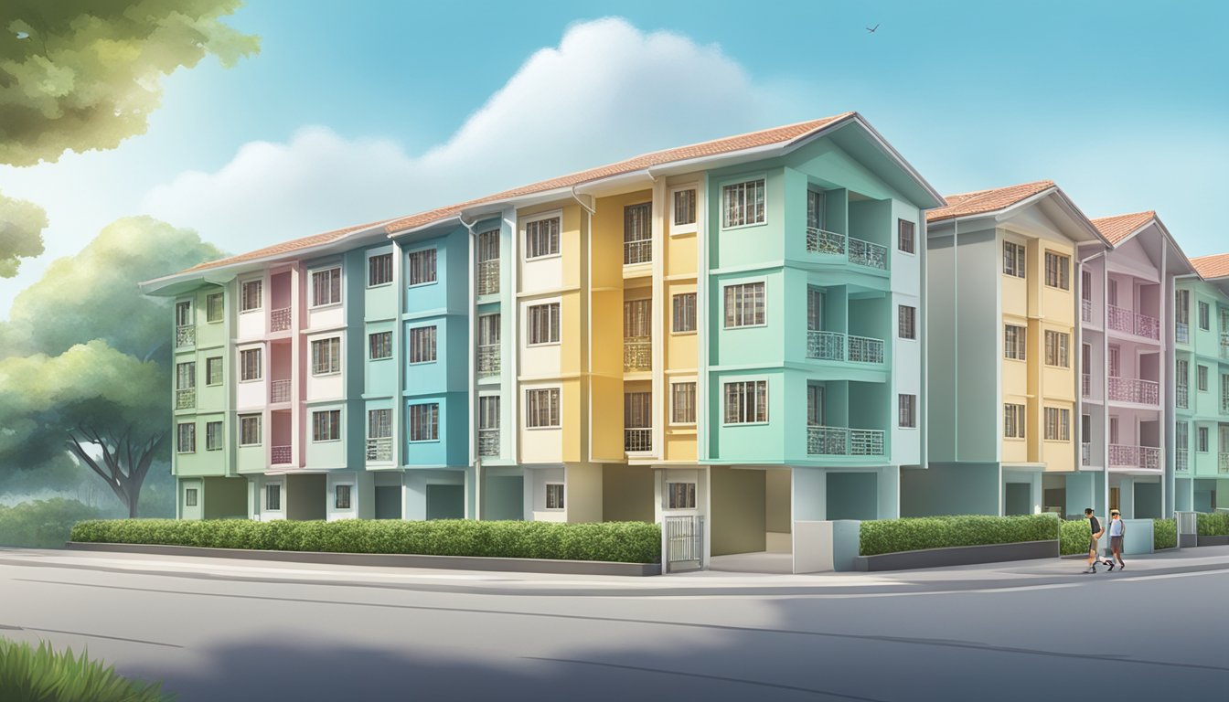 A row of HDB flats with a sign displaying "Eligibility Criteria for HDB Owners" in Singapore