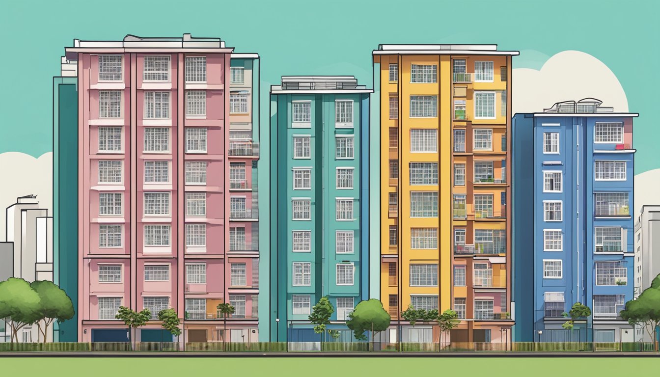 A row of HDB buildings in Singapore, with signs displaying various schemes and programmes