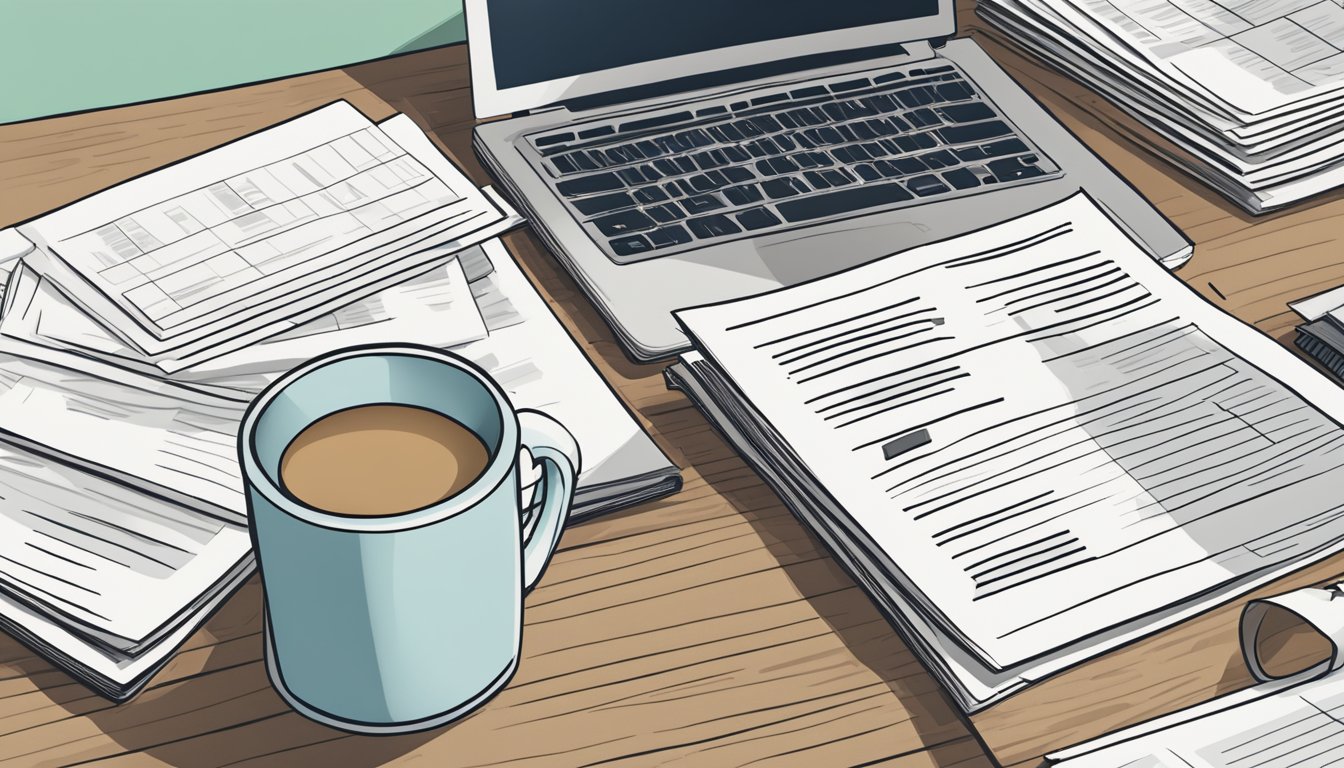 A stack of FAQ papers sits on a desk, with a computer and a mug of coffee nearby. The letters "mop hdb" are highlighted on the page