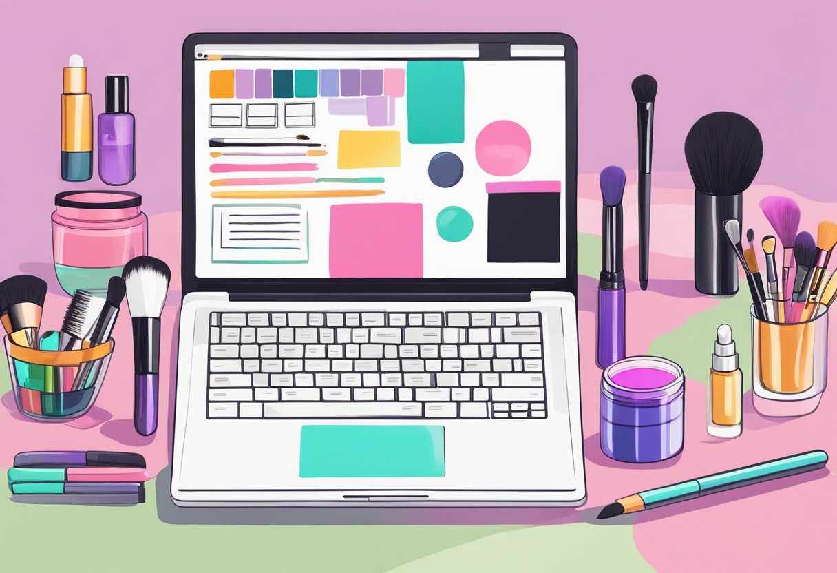 A laptop with a sleek design and a vibrant screen displaying a variety of beauty products and cosmetics. A desk with neatly organized makeup brushes and a notepad with the words "Getting Started in Online beauty consulting" written on it