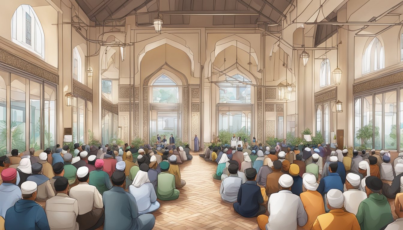 The mosque facilities are bustling with community engagement, with people gathered for events and activities. The booking process is managed by Muis Singapore