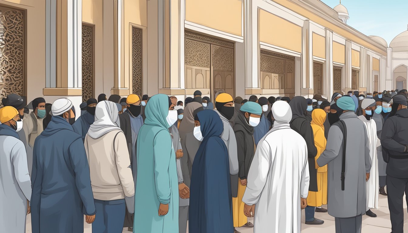 People wearing masks and maintaining social distance while queuing to enter a mosque for congregational prayers. Security personnel checking temperature and ensuring compliance with safety measures