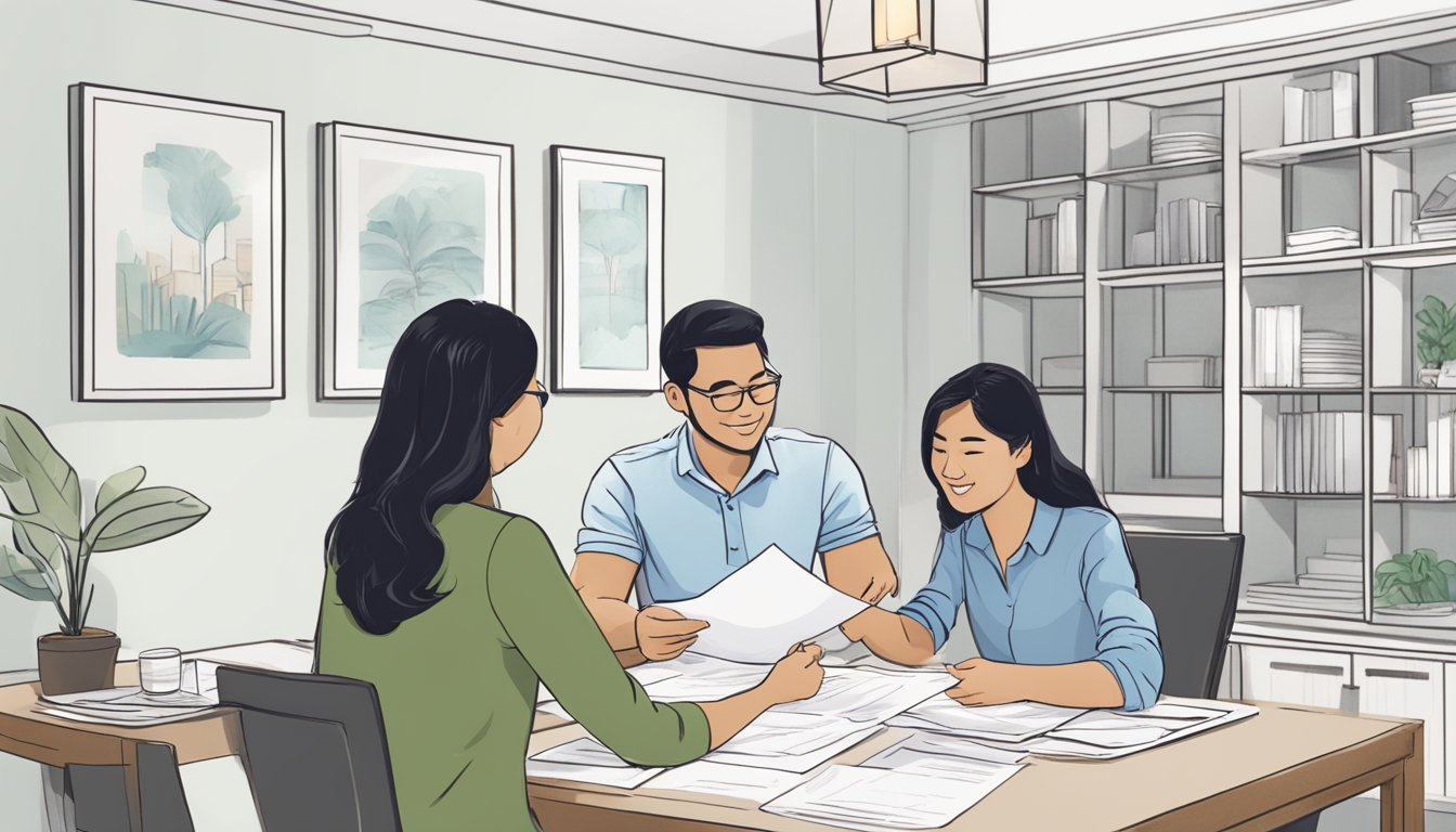 A couple sits at a table, reviewing documents with a bank representative. The couple gestures towards a blueprint of their home, while the representative explains the benefits of a renovation loan in Singapore