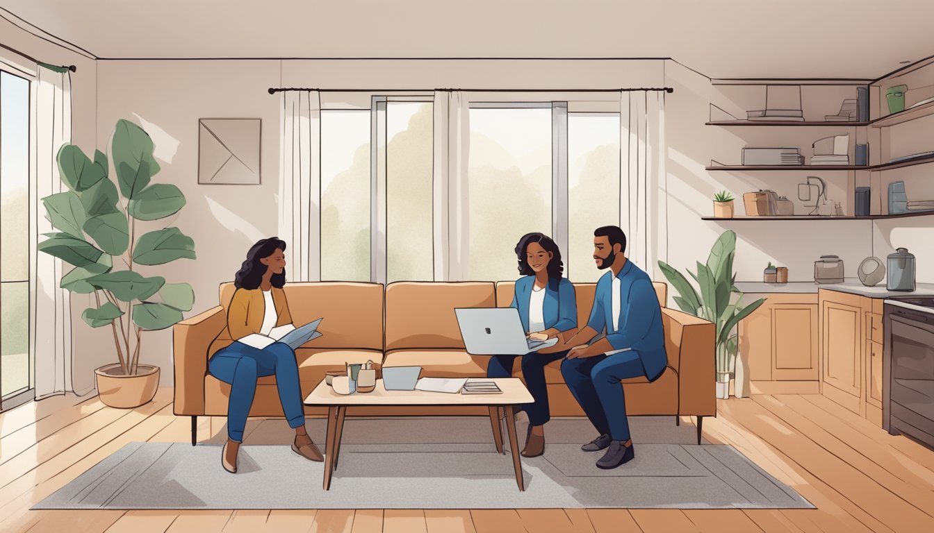 A couple discussing renovation loan options with a bank representative in a cozy living room setting, with floor plans and budget spreadsheets on the table